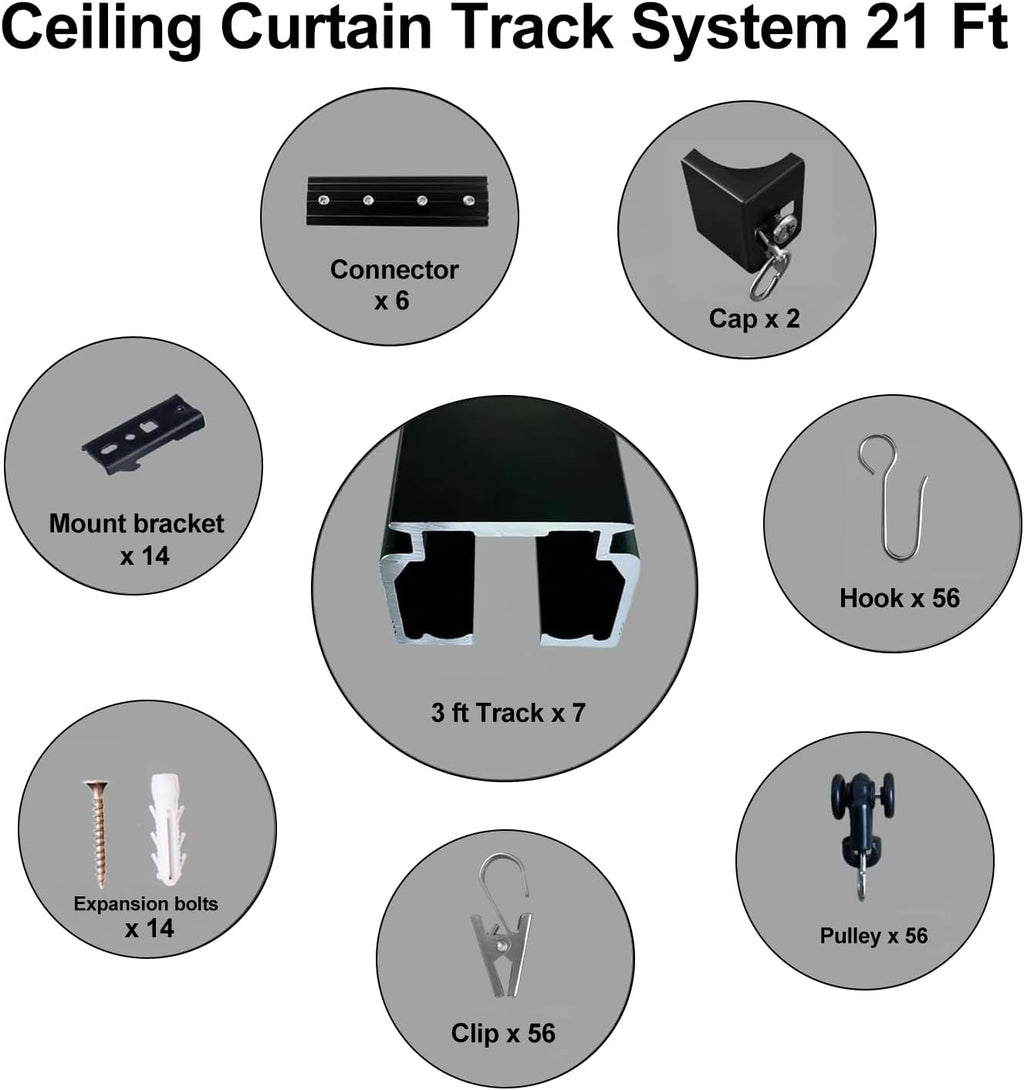 Ceiling Mount Curtains Track Room Divider Privacy Partition Separator Curtain Tracks Rods Heavy Duty RV Shower Outdoor Rail Clip Hook Set, Black 3-21ft
