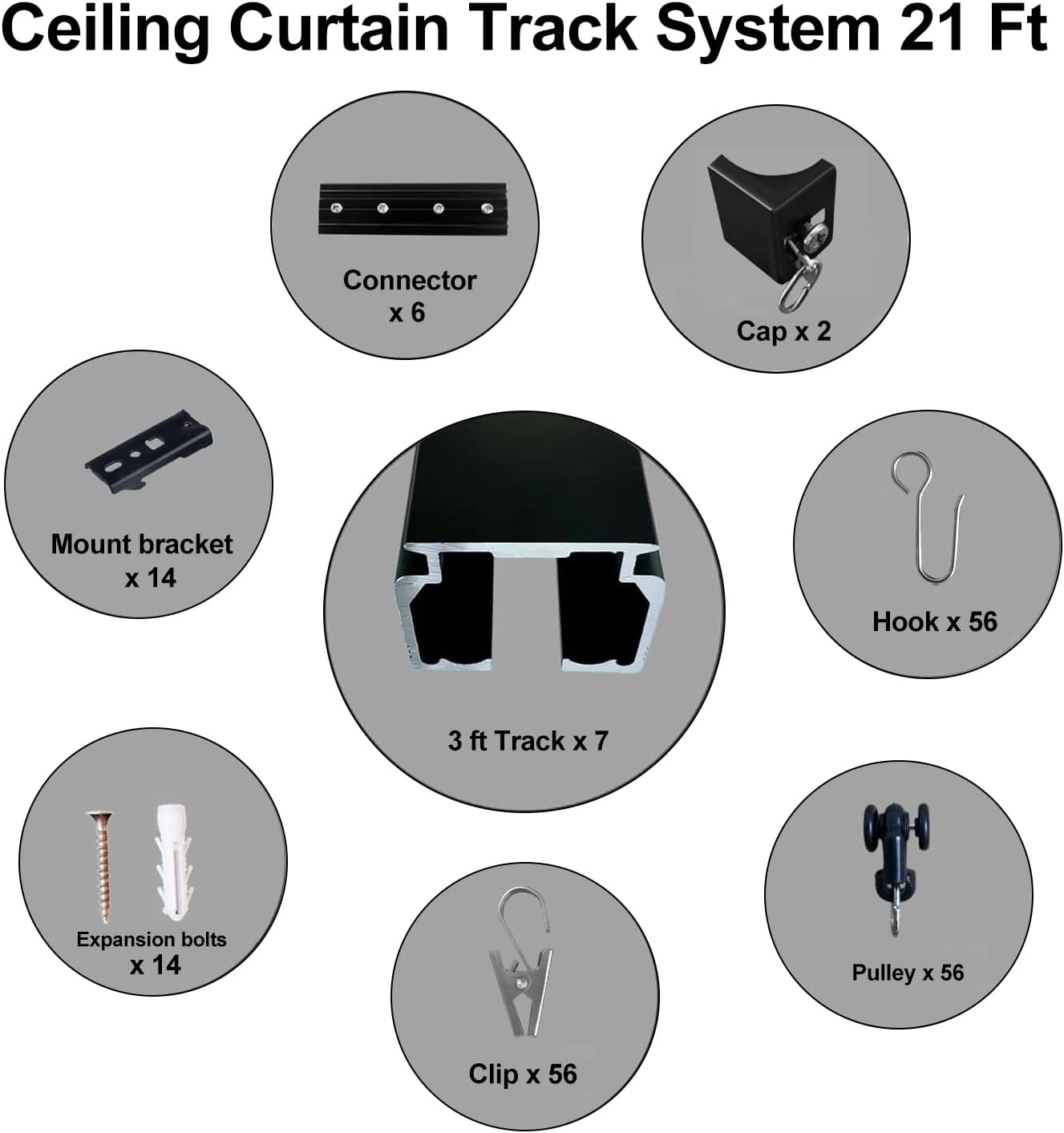 Ceiling Mount Curtains Track Room Divider Privacy Partition Separator Curtain Tracks Rods Heavy Duty RV Shower Outdoor Rail Clip Hook Set, Black 3-21ft