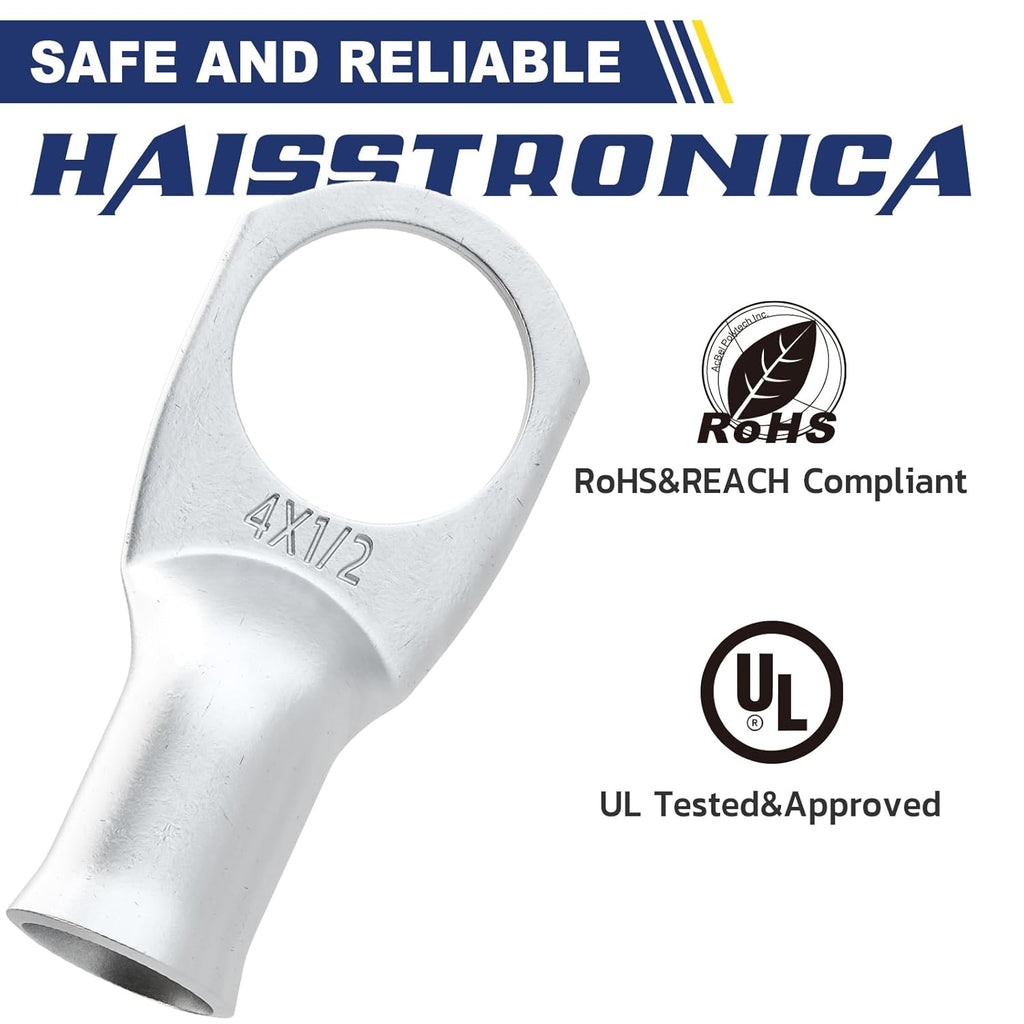 haisstronica 10pcs 4 AWG - 1/2" (M12) Tinned Copper Battery Lugs, Heavy Duty Copper Wire Lugs with 10pcs 3:1 Adhesive Heat Shrink Tubing, 4 Gauge Wire Lugs, Tinned Copper Battery Cable Ends