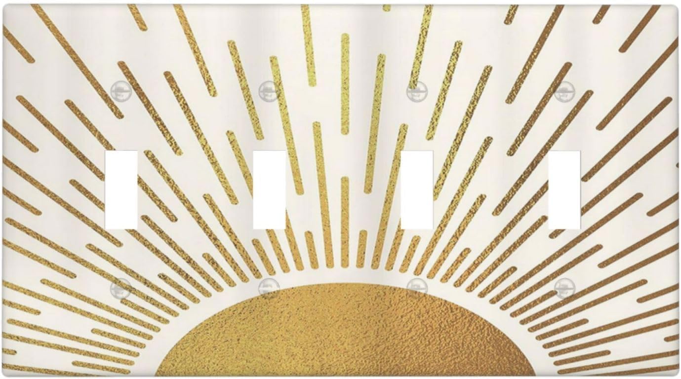 Decorative Light Switch Cover Plate Boho Mid Century Gold Sun Sunbeams 4 Gang Wall Plates for Electrical Outlets Quad Toggle Switch Plate Covers Outlet Covers Faceplate for Home Decor