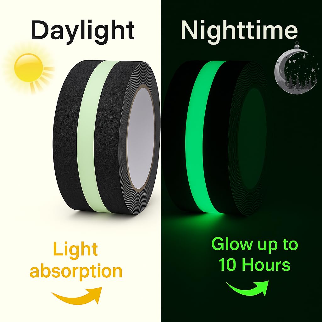 Glow in The Dark Anti Slip Tape for Stairs 2 Pack Safety Grip Strips 2in x 16.4ft Waterproof Non Skid Traction Tape for Indoor & Outdoor Steps Black with Bright Green Walk Caution Tape