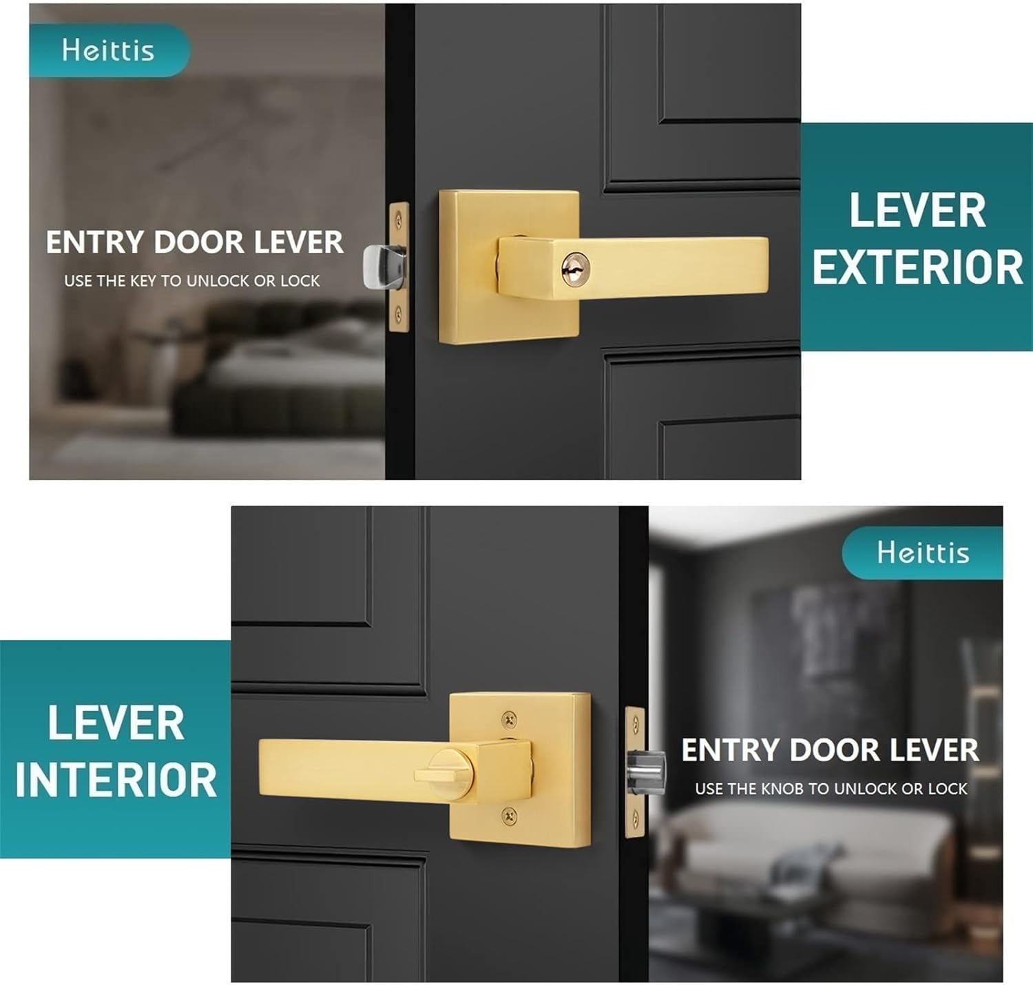 3 Pack Square Gold Door Handle with Key Heavy Door Knobs Interior(Keyed Alike), Satin Brass Gold Door Handles with Lock and Keys for Interior/Exterior/Front Doors
