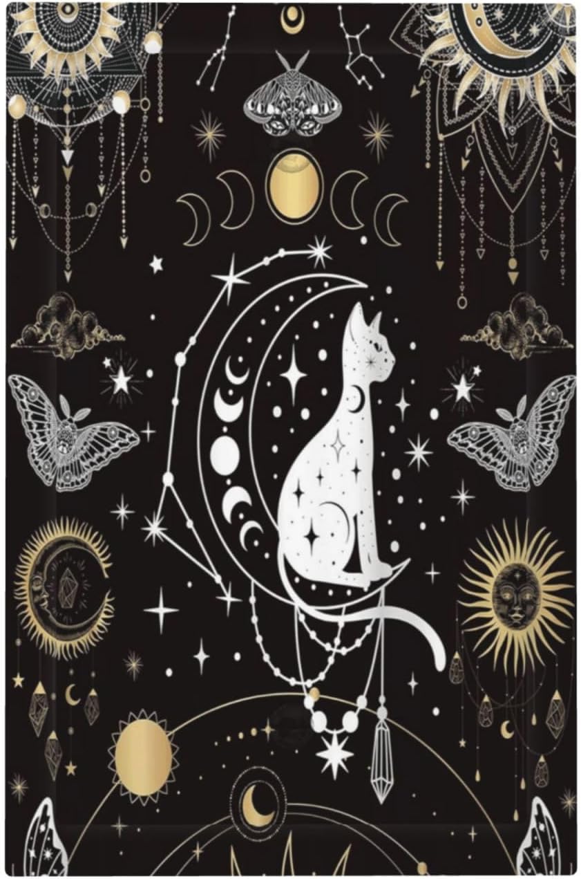 White Cat Tarot Moon Phases Moth Celestial Gothic Light Switch Cover Plate 1 Gang No Device Blank Electrical Wall Plates Faceplate Decorative Switch Plate Covers for Kids Room Bedroom Decor
