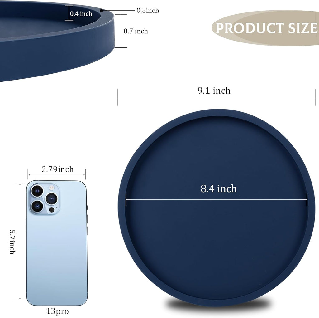 Silicone Bathroom Tray Round Vanity Tray Decorative Soap Holder Kitchen Countertop Organizer Coffee Table Decor for Candle, Perfume, Plant, 10 Inch, Dark Blue