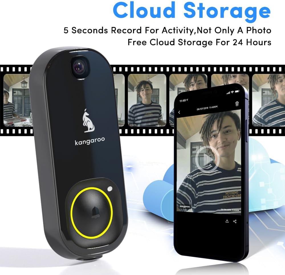 Kangaroo Wireless Doorbell+Chime,HD Camera,Easy Setup,Battery Power,Motion Detection,2.4G WiFi,Real-time Alerts to Phone,Security System for Home,Apartment and Office (2 Doorbell+2 Chime)