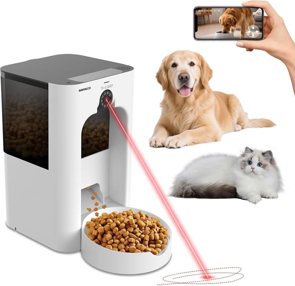 SANSCO Automatic Cat Feeder with Camera: Automatic Dog Feeder, 2K 3MP Video Recording Timed 2.4 & 5GHz WiFi App Control Pet Feeder Dispenser for Cat Dog, Rotates Up and Down, 4L