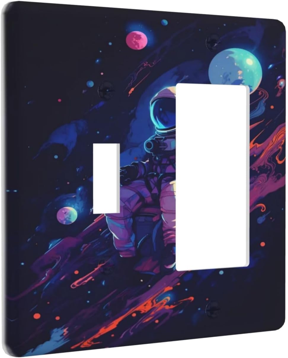 Purple Space Astronaut Planet Decorative Double Gang 1 Gang Wall Plate Cover Single Toggle Rocker Combination Light Switch Cover Plate Jumbo Switch Cover Plate for Bedroom Decor