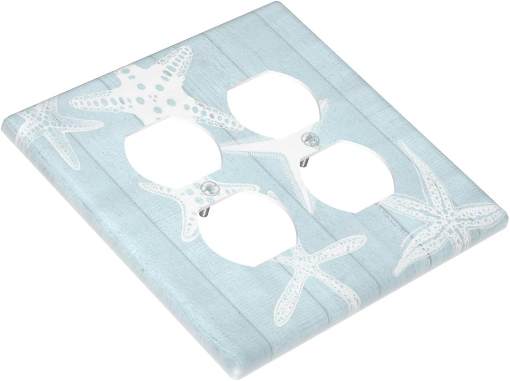 Beach Starfish Vintage Wood Rustic Country Ocean Outlet Covers 2 Gang Double Duplex Decorative Light Switch Covers Electrical Wallplates Socket Faceplate for Farmhouse Kids Room Decor
