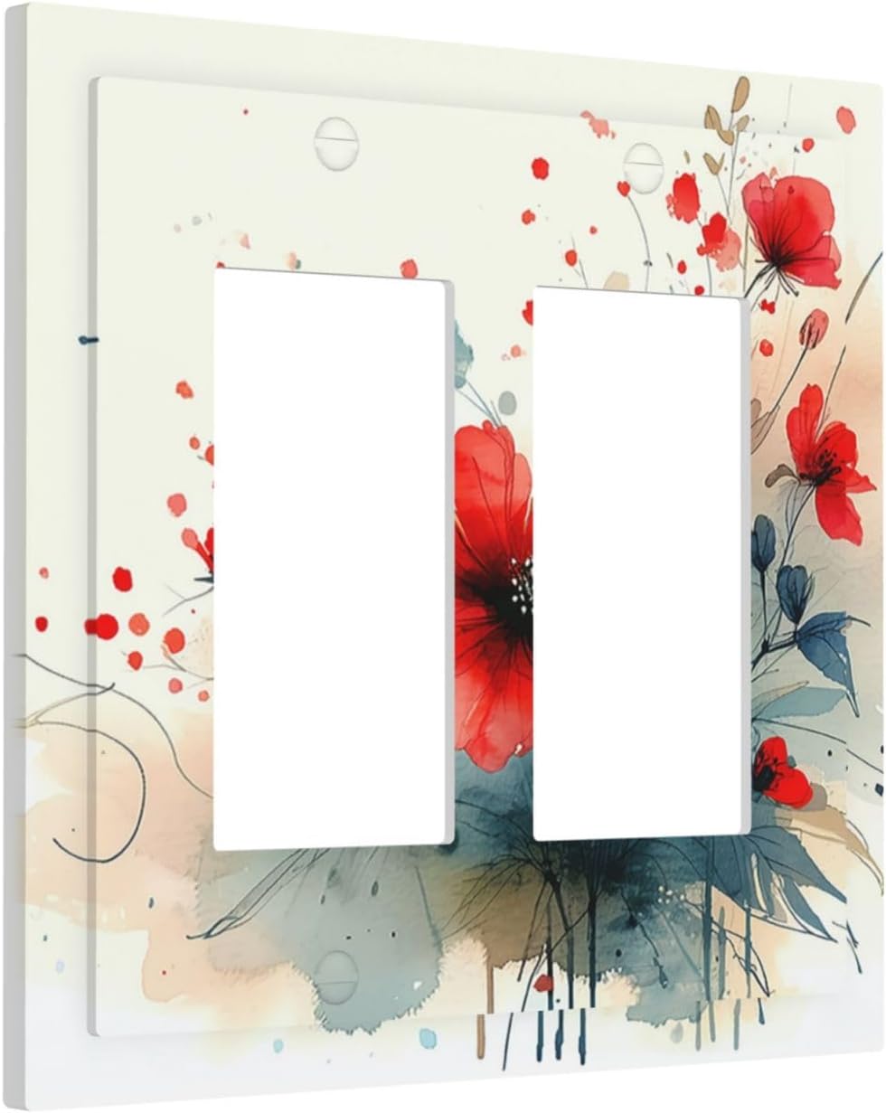Vintage Floral Red Watercolor Modern Decorative Outlet Covers 2 Gang Double GFCI Rocker Light Switch Cover Plate Electrical Wall Panels for Bedroom Bathroom Decor