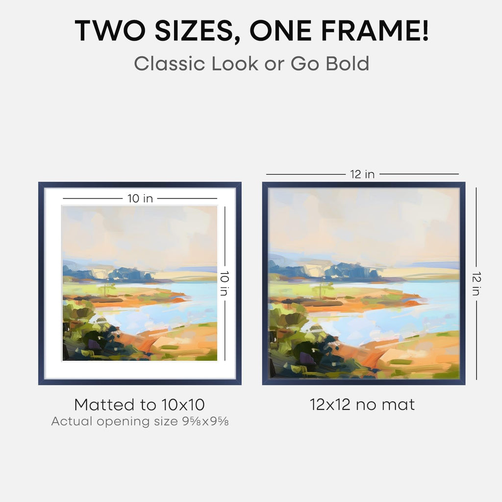Homeforia 12x12 Picture Frame Navy Blue, High End Metal 12 x 12 Square Poster Frame with Mat 10 x 10 Photo, 12x12 Frame Matted to 10x10 Print, 12by12 Hanging Frames, Tempered Glass, Wall Kit, Set of 2