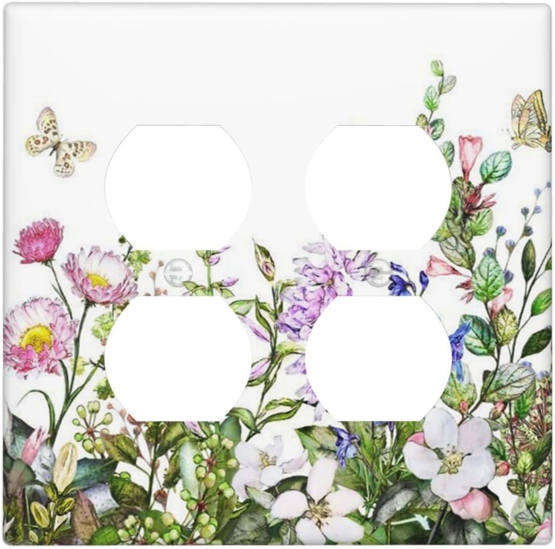 Decorative Outlet Covers Rustic Green Leaf Pink Flowers Butterfly 2 Gang Wall Plate Cover Double Duplex Receptacle Two Switch Light Switch Cover Plate Jumbo Faceplate for Home Decor