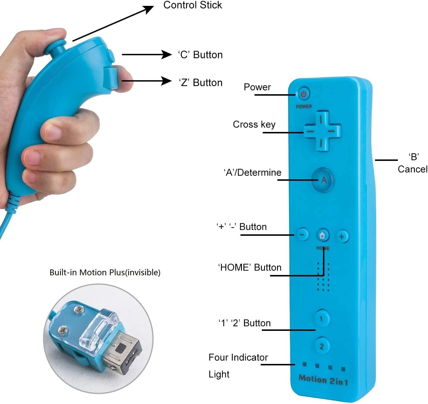 Motion Plus Wii Controllers 2Packs with Nunchucks, Wii Remote Controllers Compatible for wii and Wii U with Built in Motion Plus
