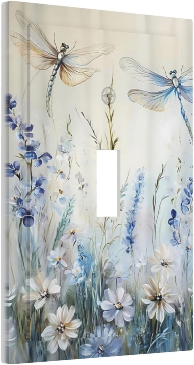 Decorative Light Switch Cover Plate Watercolor Dragonfly Blue Wihte Flower 1 Gang Single Toggle Wall Plates for Electrical Outlets Outlet Covers Switch Plate Covers Faceplate for Home Decor