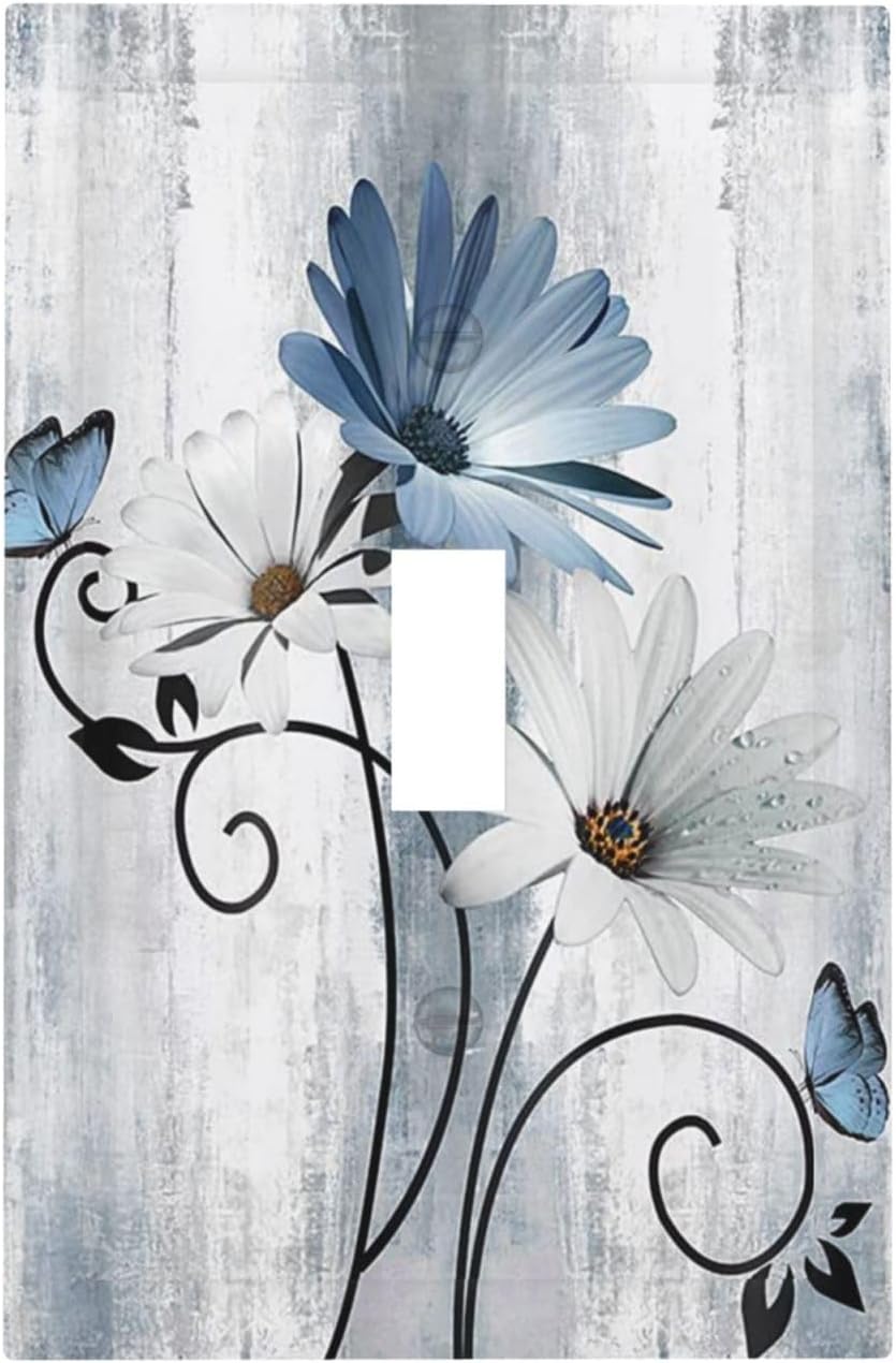Decorative Light Switch Cover Plate Rustic Blue White Daisy Ink Flower 1 Gang Single Toggle Wall Plates for Electrical Outlets Outlet Covers Switch Plate Covers for Bedroom Home Decor