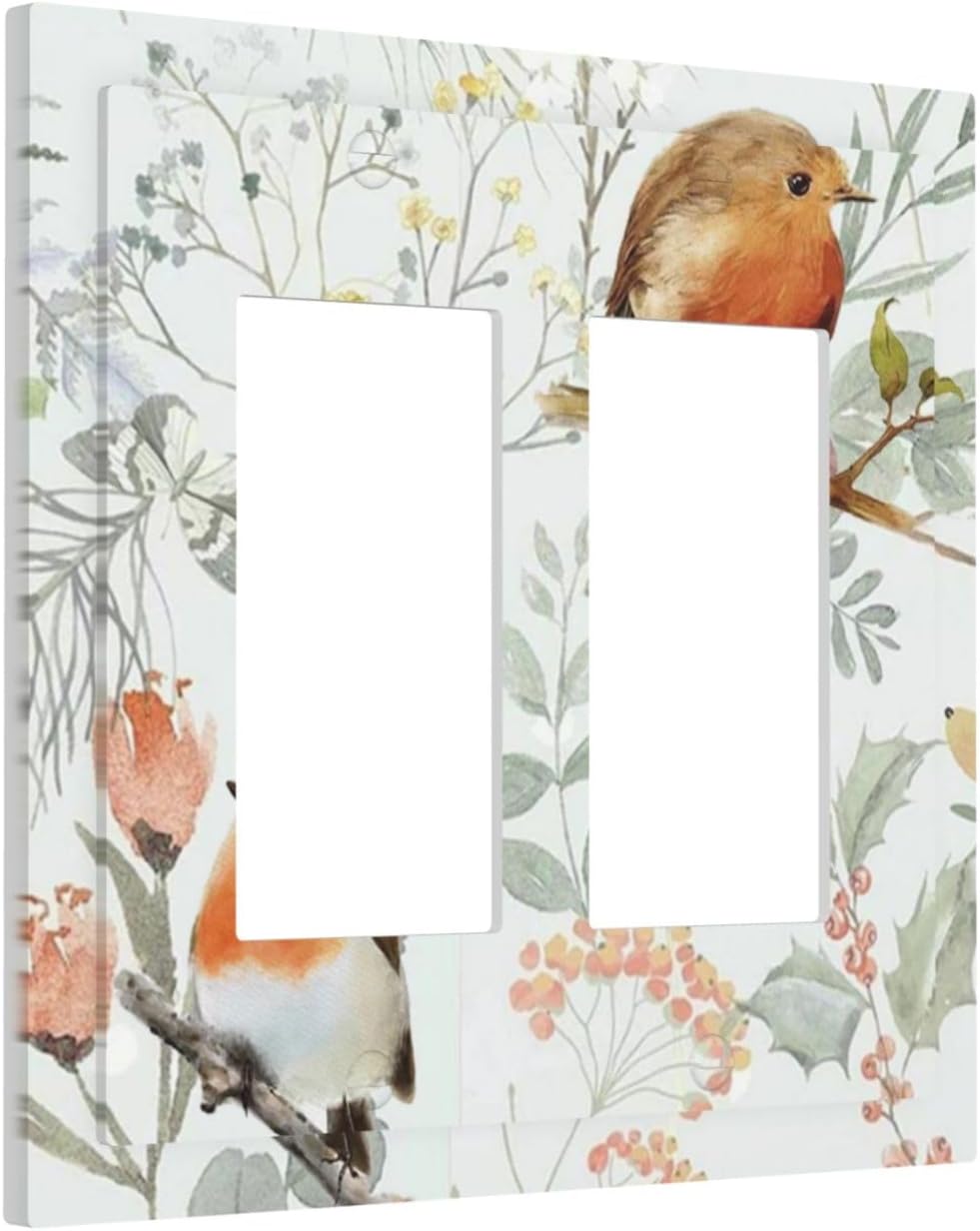 Decorative Outlet Covers Red Floral Berries Colorful Bird Plant 2 Gang Double Gfci Rocker Electrical Wall Panels Light Switch Cover Plate For Bed Room Living Room Decor
