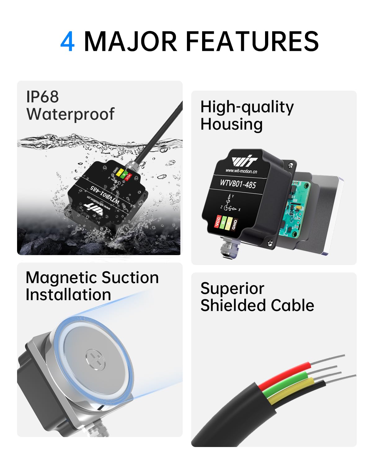 [RS485 Modbus Vibration Sensor] WTVB01-485 IP68 Waterproof Transducer Ar-Duino, 3-Axis Acceleration Angular Velocity Vibration(Amplitude+Frequency+Displacement+Speed) Detector, Motor Monitor Module