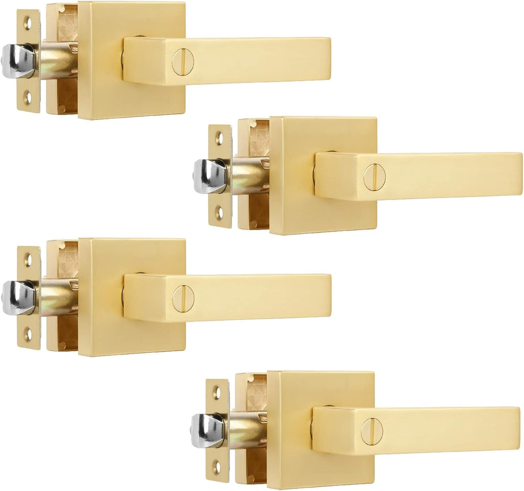 4 Pack Privacy Gold Bathroom Door Locks Square Heavy Duty Door Levers for Bed/Bath Room Interior Door Lock Keyless Door Handle for Left and Right Reversible