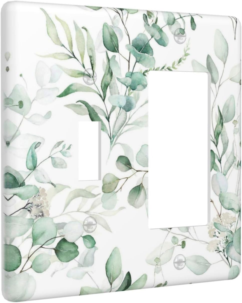 Boho Green Eucalyptus Leaf Floral Plants Flowers Outlet Covers 1 Toggle 1 Rocker Combination Decorative Wall Plate Electrical Switch Plates Light Switch Cover Plate for Bed Room Living Room Decor