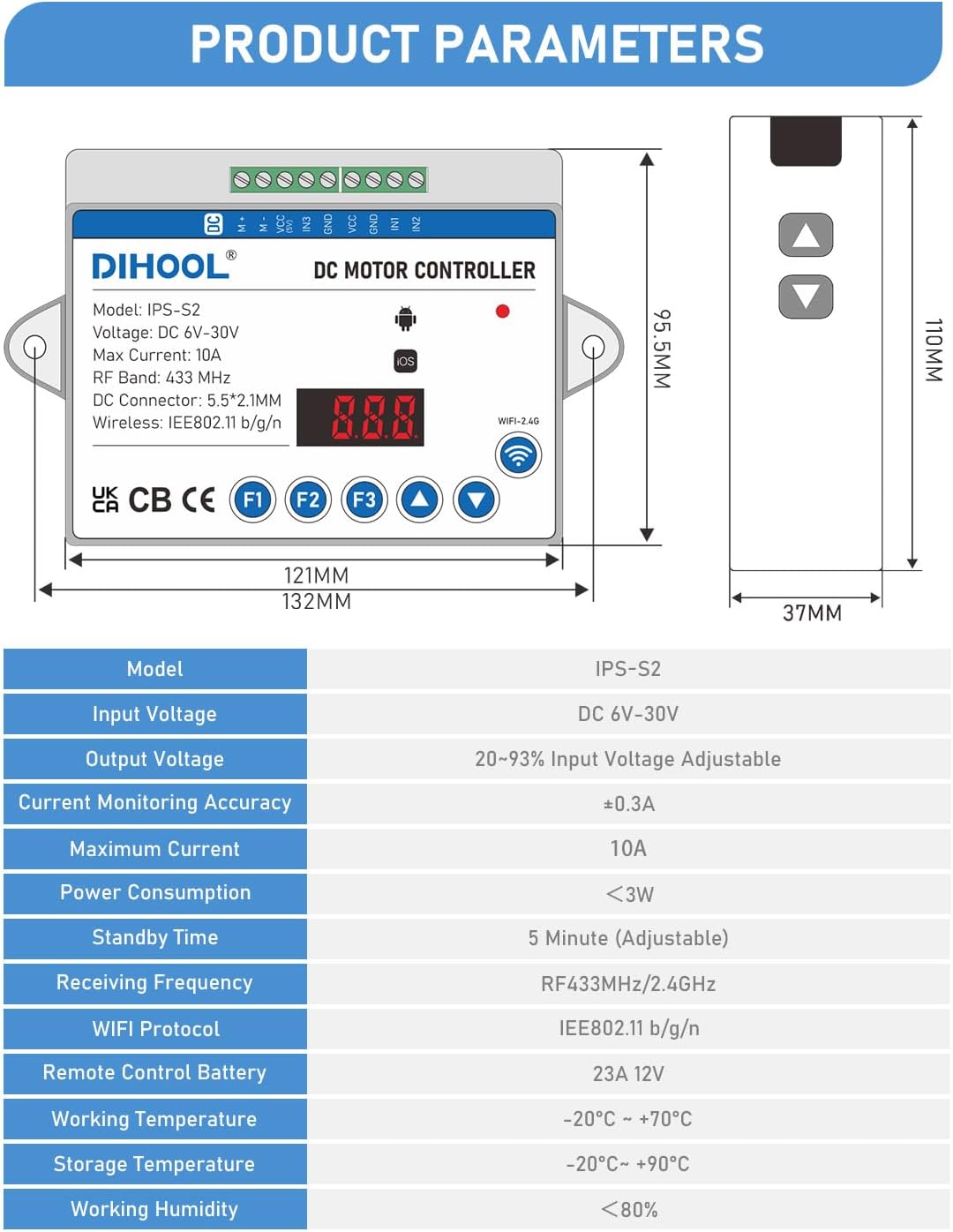 DIHOOL Electric Linear Actuator Controller with Current Limit, WiFi and Timer, Smart eWeLink Control, Remote Wireless 12V 24V DC Motor Controller, Rebound When Obstacles Protection, Load Safety