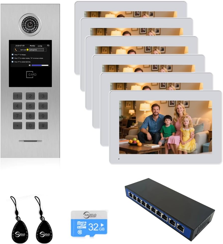 Video Intercom System 5/6/7/8 Unit Wired 7 Inch IP Video Intercom Phone for Apartment Building Security Home Access Control System with Digital Keypad and IC Card (for 6 Family)