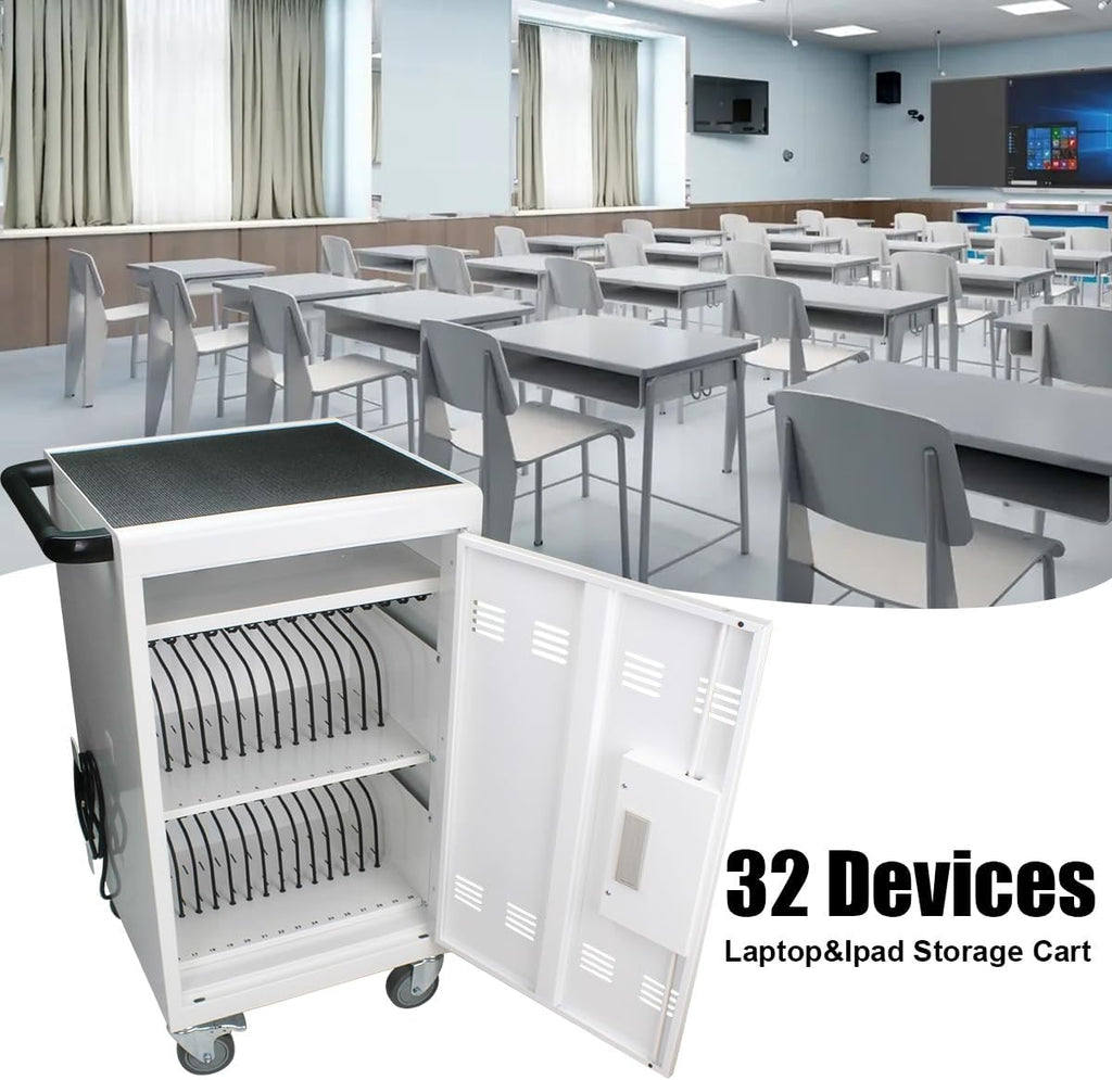 Laptop Charging Cart, 30 Laptop Storage Cart, Electronic Combination Lock,Mobile Charging Cabinet for iPads up to 16.3", Chromebook Devices, Cord Management.School,Business.White