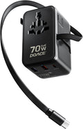 DOACE 70W Travel Adapter GaN 3.0, European Travel Plug Adapter with Built-in USB-C Cable, 6 in 1 International Power Adapter USB-C PD Fast Charging for EU/UK/USA/AUS