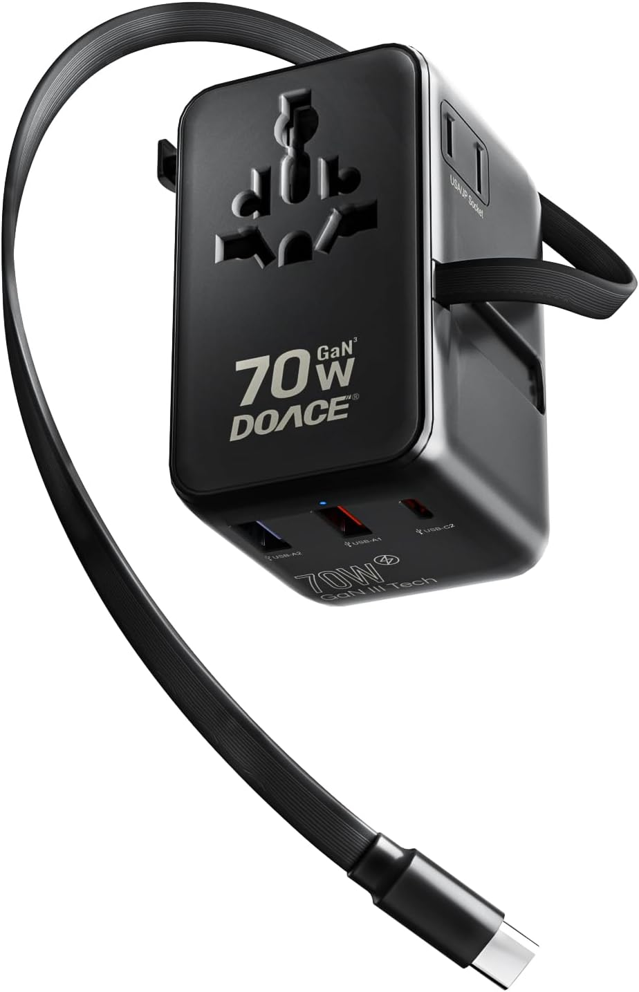 DOACE 70W Travel Adapter GaN 3.0, European Travel Plug Adapter with Built-in USB-C Cable, 6 in 1 International Power Adapter USB-C PD Fast Charging for EU/UK/USA/AUS