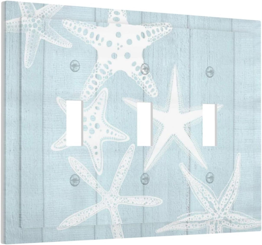 Beach Starfish Vintage Wood Rustic Country Ocean Decorative Switch Plates 3 Gang Wall Plate Triple Toggle Light Switch Cover Faceplate Electrical Wall Panels for Farmhouse Kids Room Decor