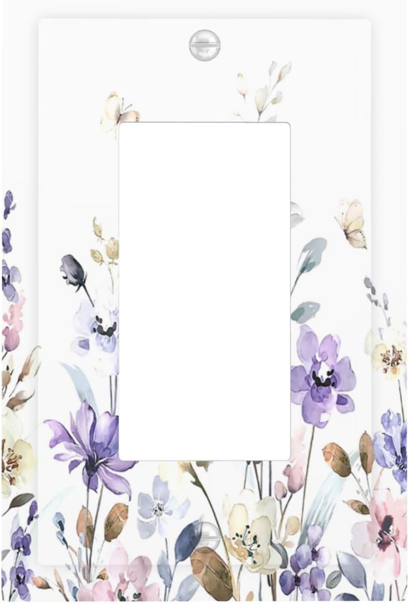Decorative Outlet Covers Purple Floral Lilac Watercolor Flower Leaves Butterfly Wildflower 1 Gang Single Rocker Light Switch Cover Plate Wall Plates GFCI Faceplate for Bedroom Home Decor