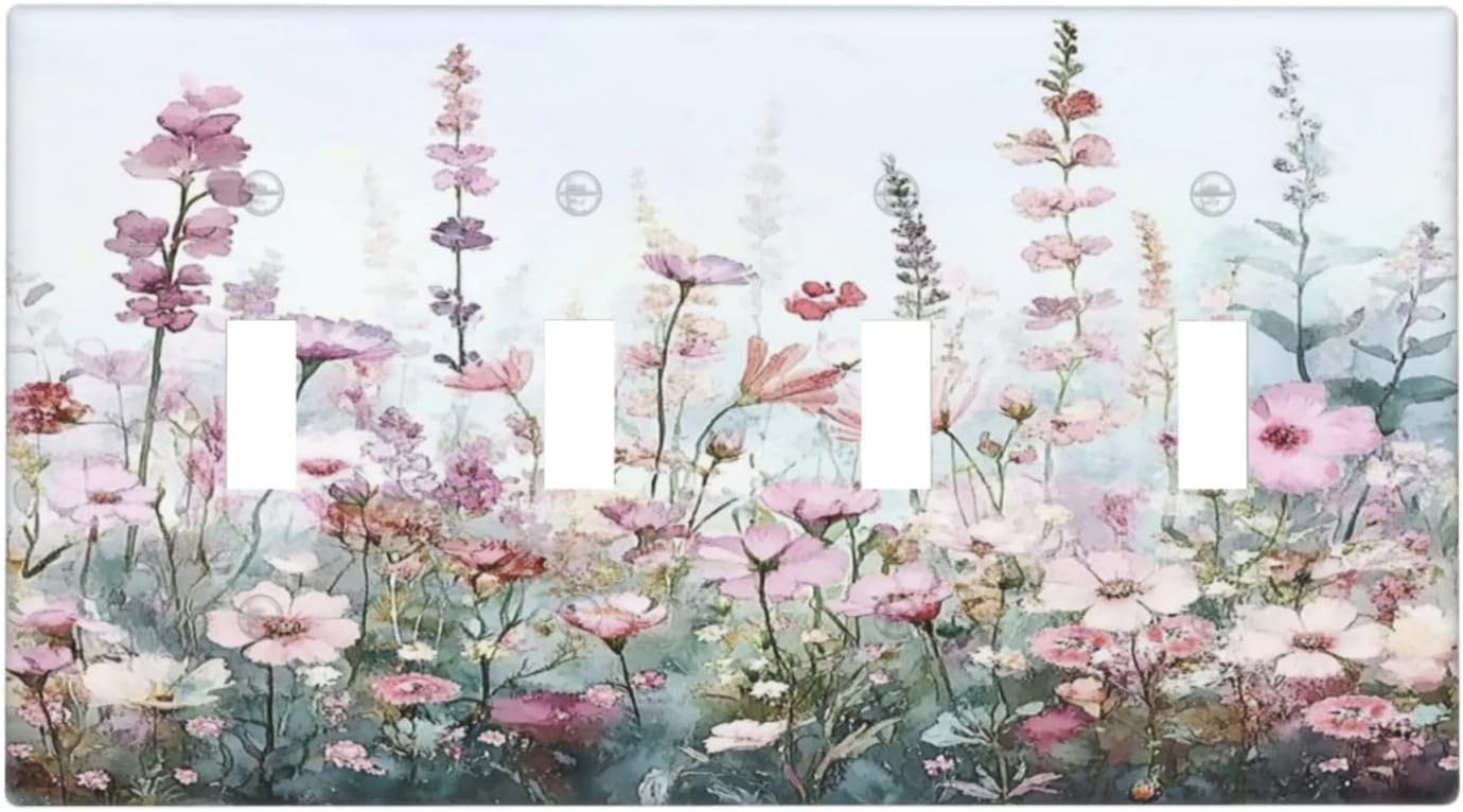 Pink Floral Watercolor Botanical Wildflowers Light Switch Covers Quad Toggle Electrical Faceplate 4 Gang Wall Plate Decorative Switch Plates For Bed Room Living Room Decor
