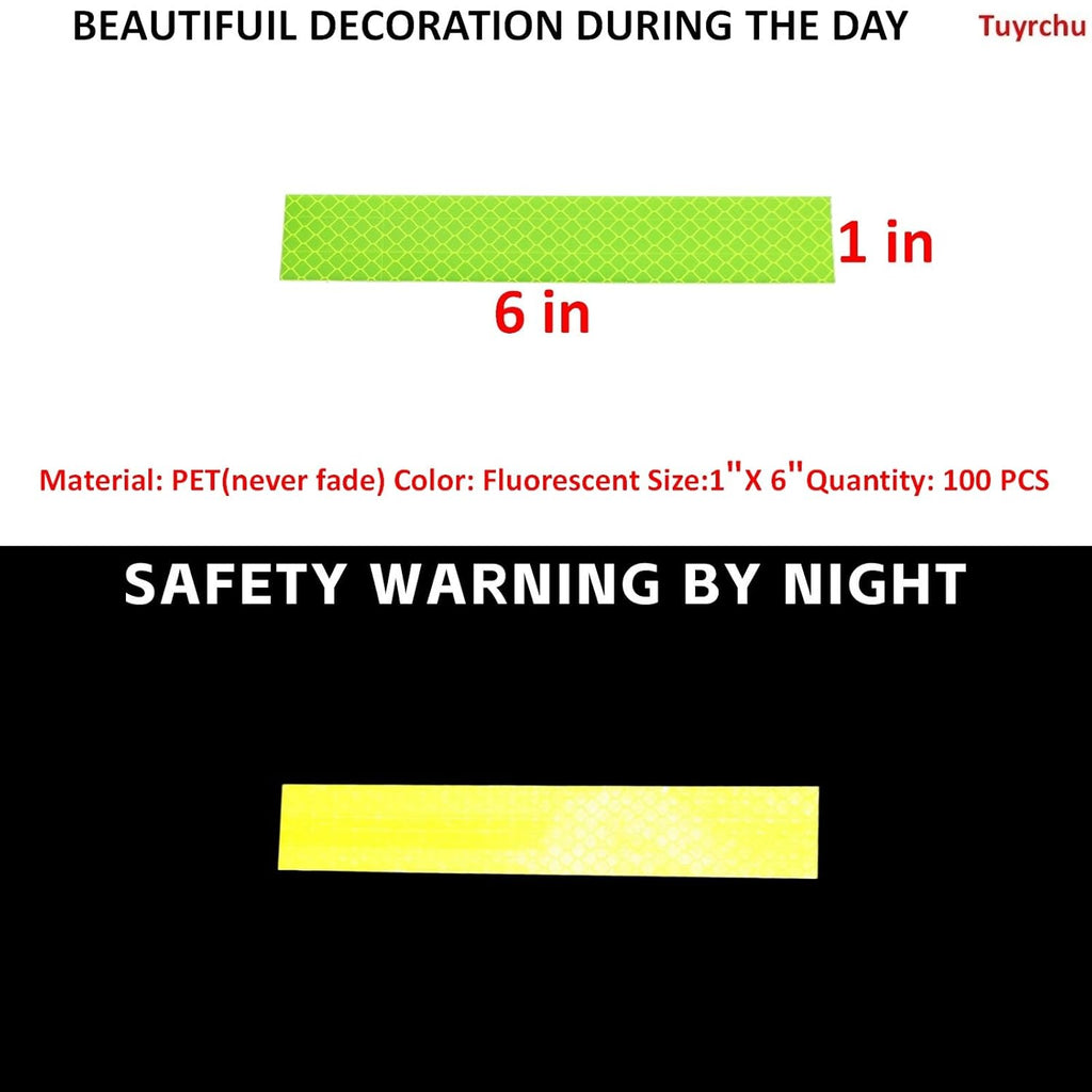 Non Fading Fluorescent Yellow Reflective Stickers 1 inch X 6 inch, Outdoor Waterproof High Visibility Safety Adhesive Reflector (100 Pcs)