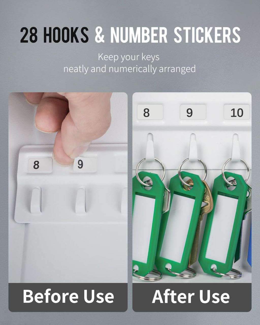 Uniclife 28-Key Steel Key Cabinet with Combination Lock Wall Mounted Key Organizer with Resettable Code White Digital Security Box with Hooks and Large Key Tag Labels Identifiers in 5 Assorted Colors