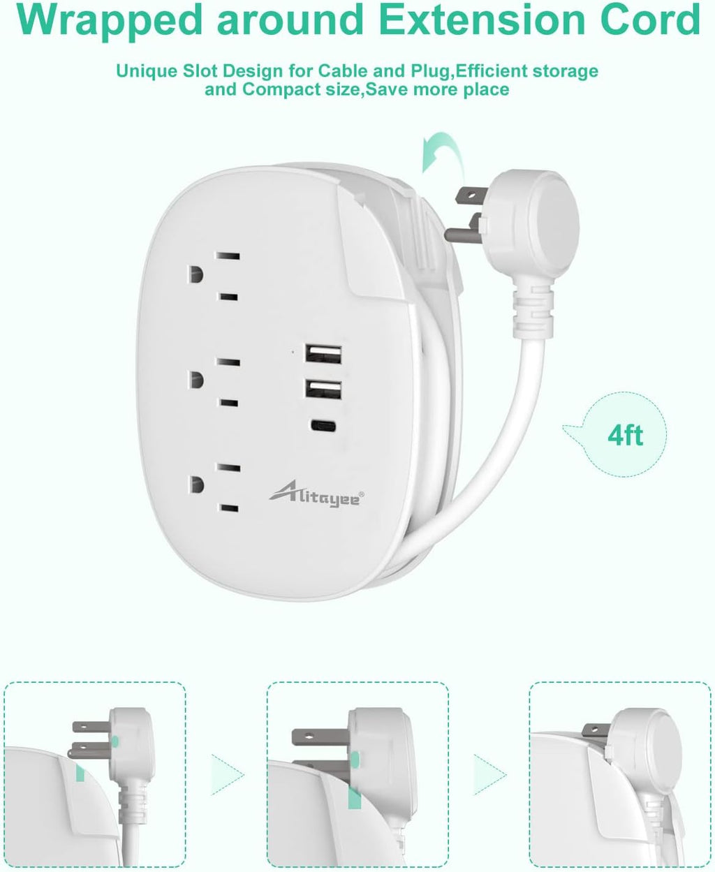 Alitayee USB C Travel Power Strip,Portable Power Strip with 3 Outlets 3 USB Ports Fast Charge, USB Extension Cord with Flat Plug and 4ft Wrapped Around Extension Cord for Cruise Travel Home Office