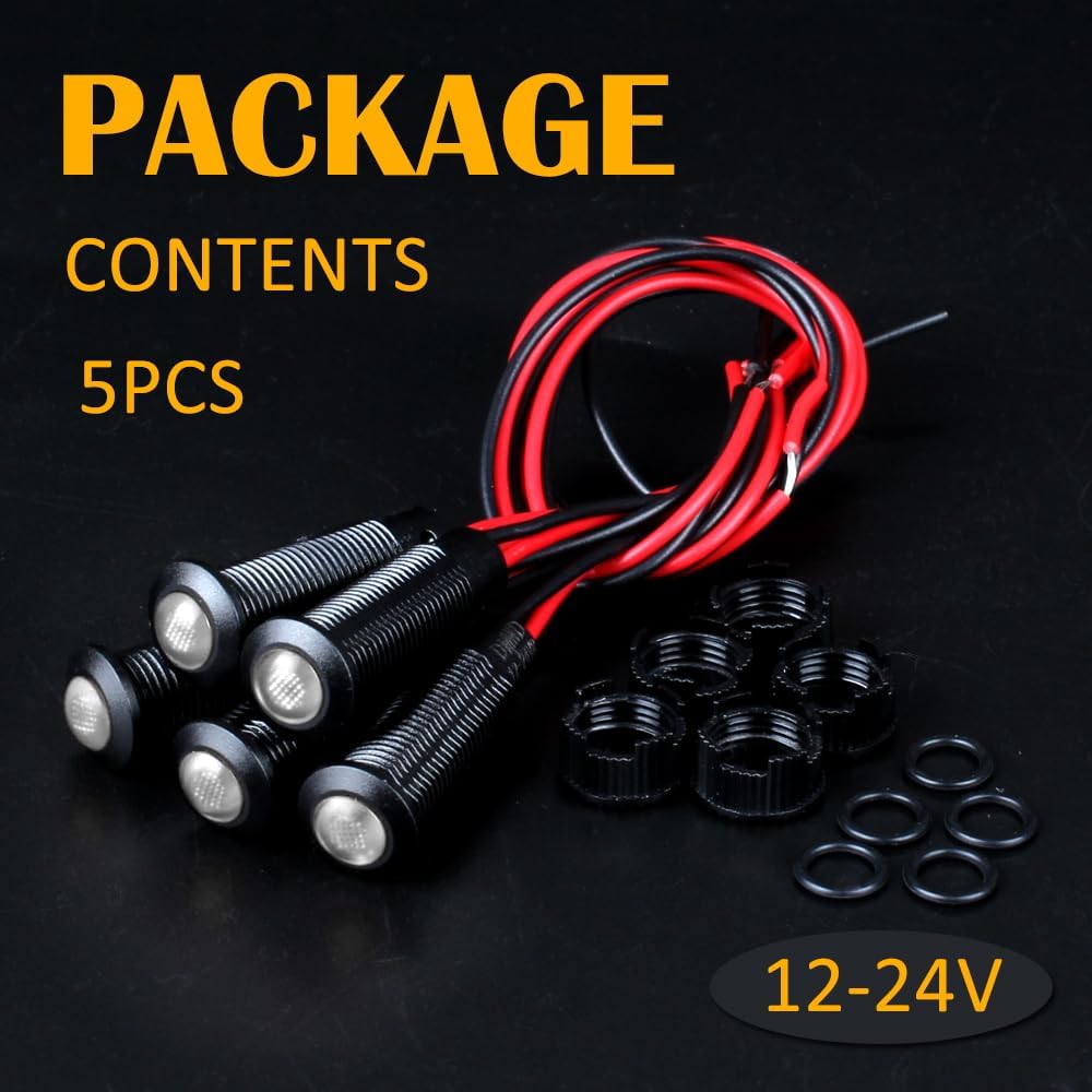 5pcs 8mm LED Indicator Light Plastic Black Signal Dot Lamp 12V-24V 5/16" Mounting Hole Size with 15cm/5.9in. Wire (White LED)