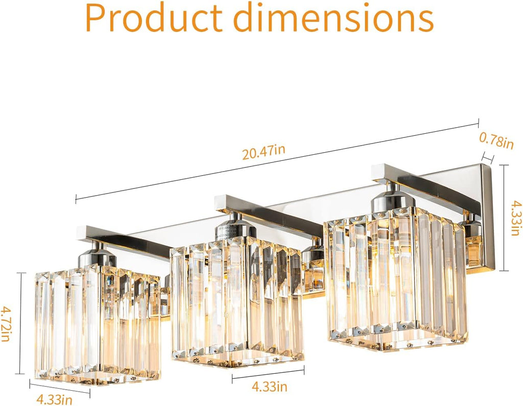 Modern Bathroom Vanity Light 3-Lights Chrome Crystal Bathroom Wall Light Vanity Light Fixtures，20.47-inch Modern Minimalist Design