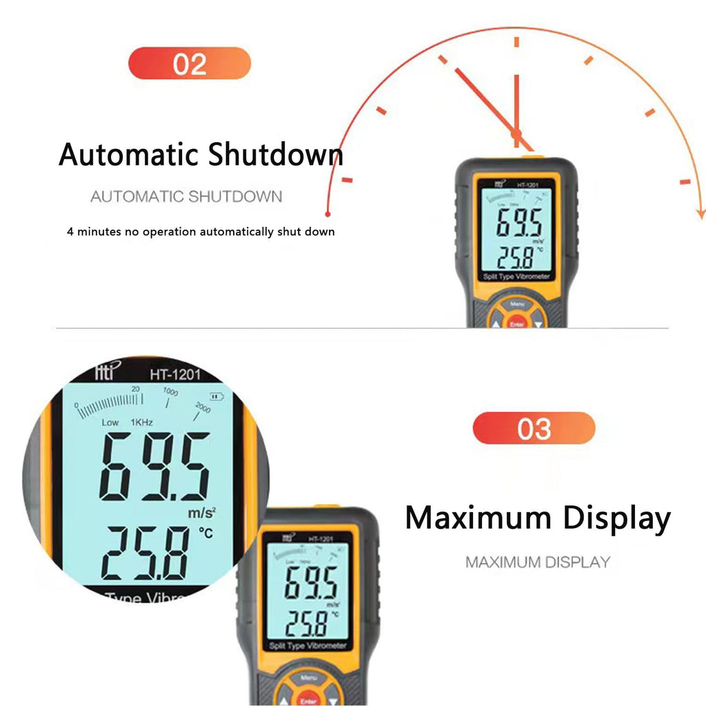 Vibration Meter,Vibrometer Split Probe Vibration Tester, Digital Vibration Analyzer Mechanical Vibration Meters Vibration Sensor Measure Acceleration, Velocity and Displacement