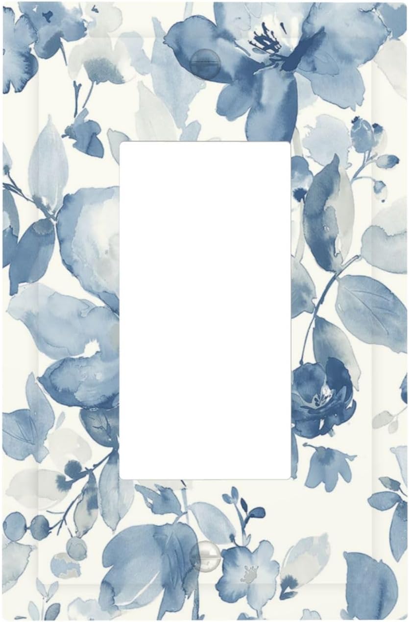 Decorative Outlet Covers Blue Watercolor Floral 1 Gang Single Rocker Light Switch Cover Plate Wall Plates GFCI Faceplate for Bedroom Bathroom Decor