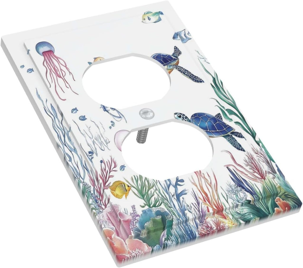 Blue Sea Turtle Ocean Fish Octopus Coral Outlet Covers 1 Gang Duplex Light Switch Cover Decorative Switch Plates Electrical Receptacle Faceplate Wall Plate For Bathroom Kids Room Decor