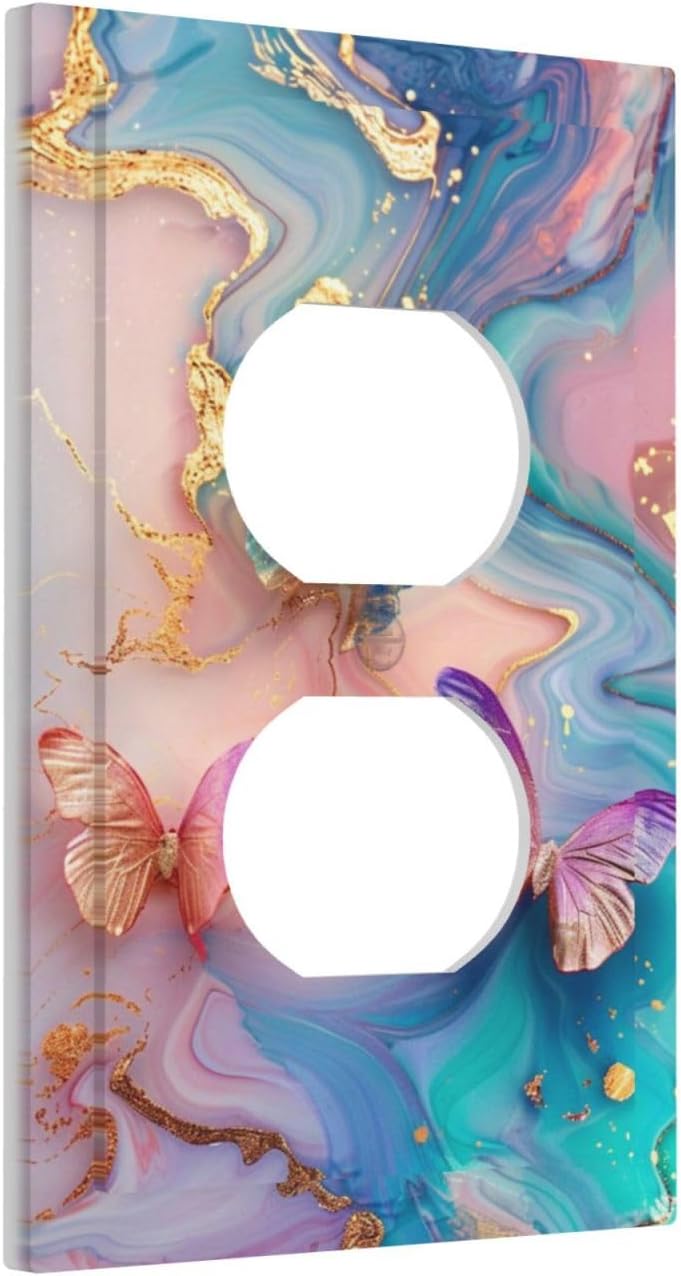 Colorful Marble Butterfly Gold Glitter Abstract Print Outlet Covers 1 Gang Duplex Light Switch Cover Decorative Switch Plates Electrical Receptacle Faceplate Wall Plate for Bed Room Living Room Decor