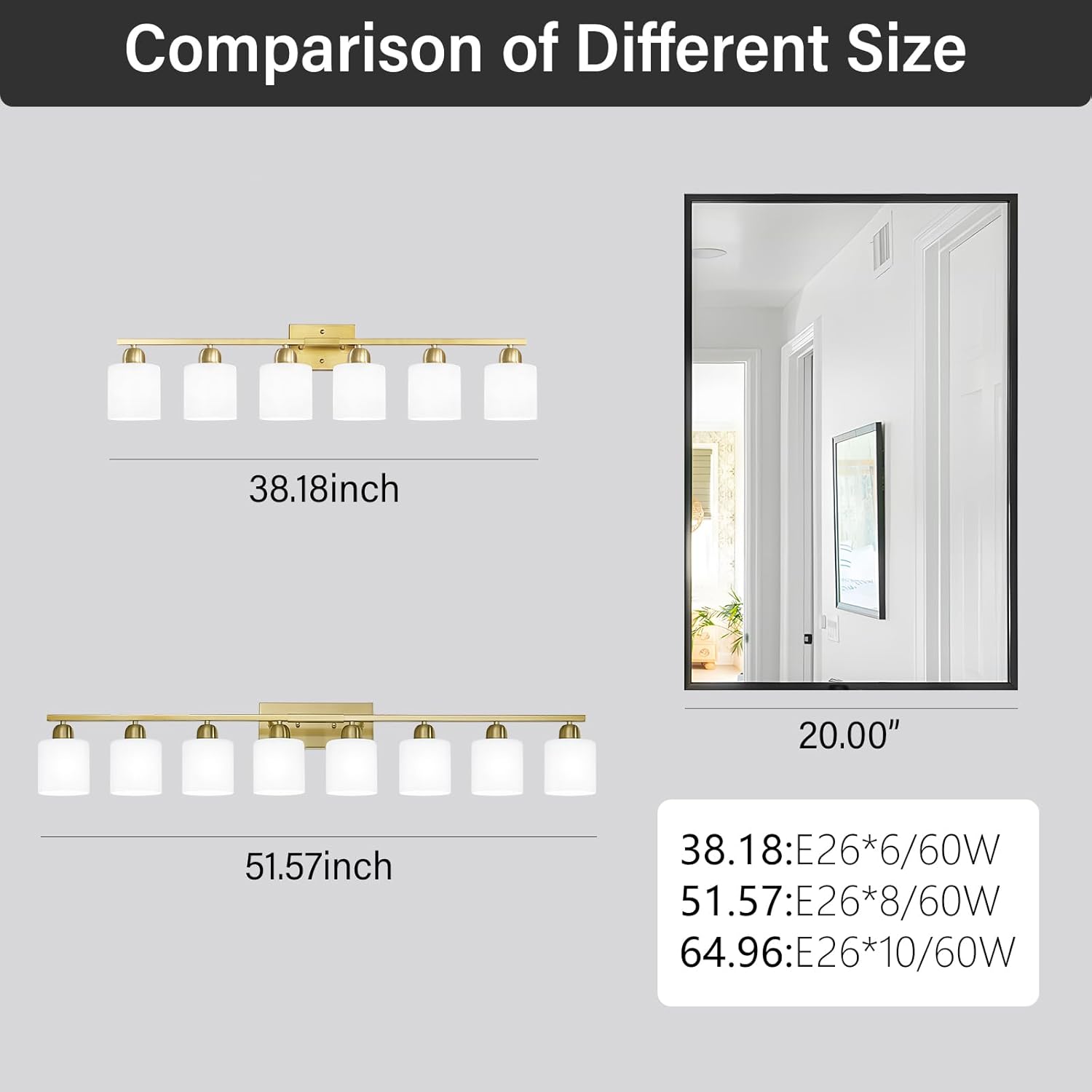 6 Light Gold Bathroom Vanity Light for Large Mirror, Gold Vanity Lights for Bathroom with Milky White Frosted Glass Shades, 38 inch Wall Lamp for Mirrors Living Room E26 Base