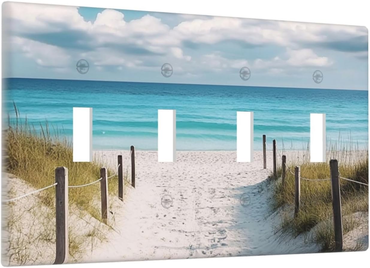 Decorative Light Switch Cover Plate Coastal Beach Ocean Seaside View 4 Gang Wall Plates for Electrical Outlets Quad Toggle Switch Plate Covers Outlet Covers Faceplate for Bedroom Home Decor