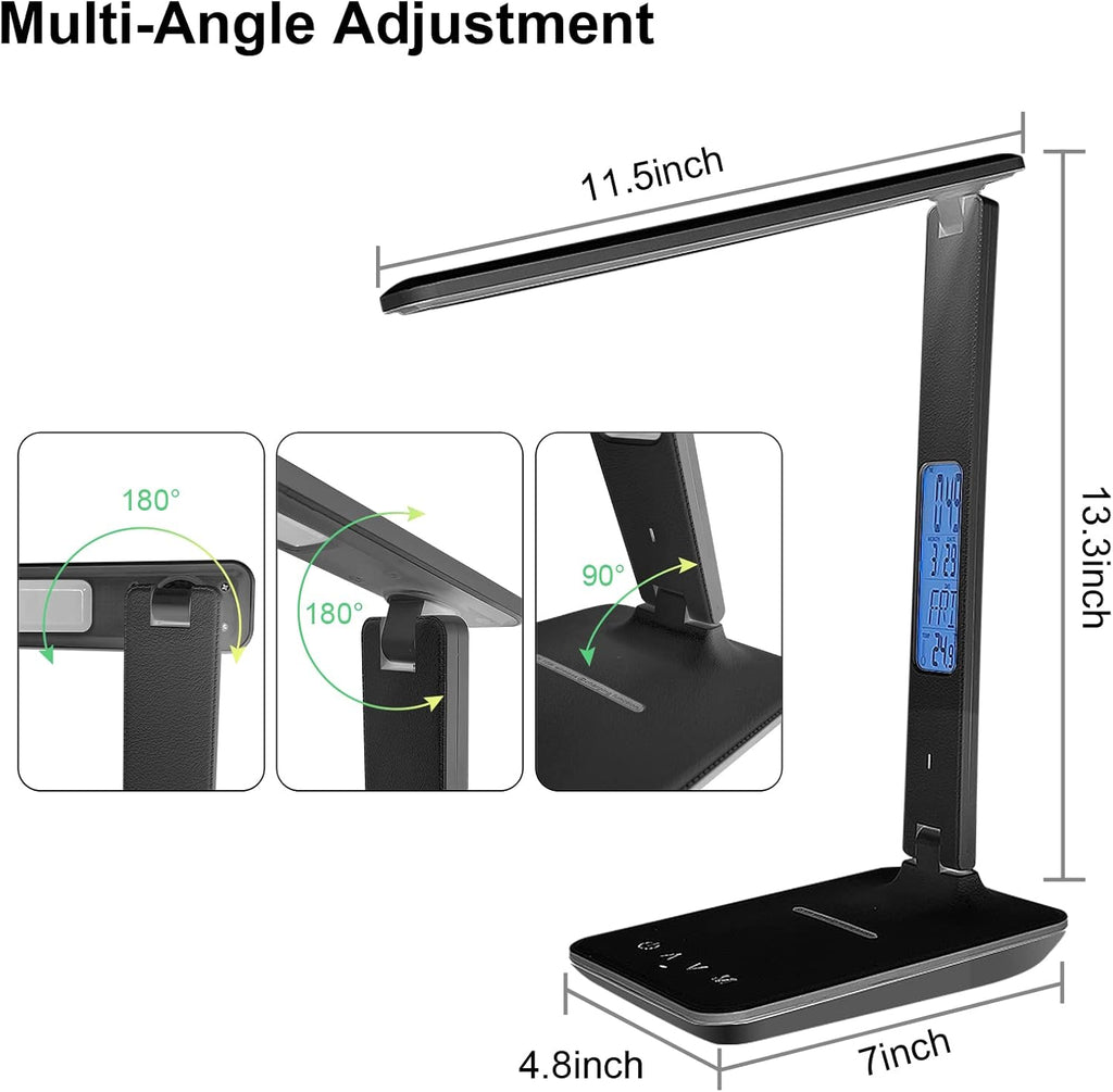 Desk Light with Wireless Charger, USB Charging Port, Dimmable Office Desk Lamp with Clock, Alarm, Date, Temperature, Foldable Lamp for Table Bedroom Bedside Office