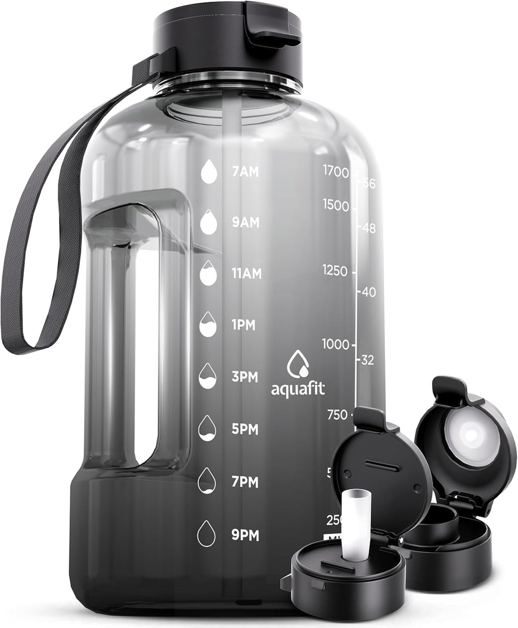 AQUAFIT 64 oz Water Bottle with Time Marker - Straw & Chug Lid - BPA Free Half Gallon Gym Water Bottle with Handle - Big Gallon Jug (Gun Gray, 64 Ounces)