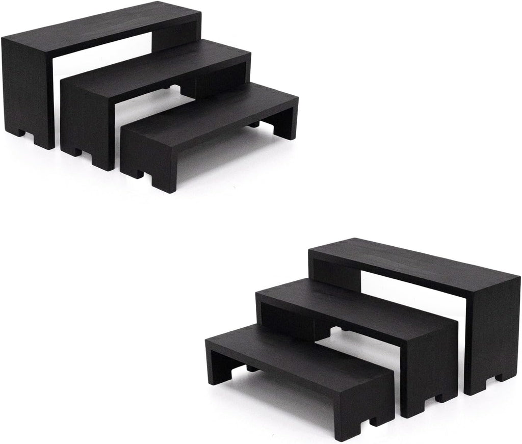 Display Wood Risers Wooden Stand 3 Tier Black Wood Racks Decorative Rectangular, 2 Set 6 Piece Cupcake Stands Cologne Perfume Organizer Dessert Showcase(Black)