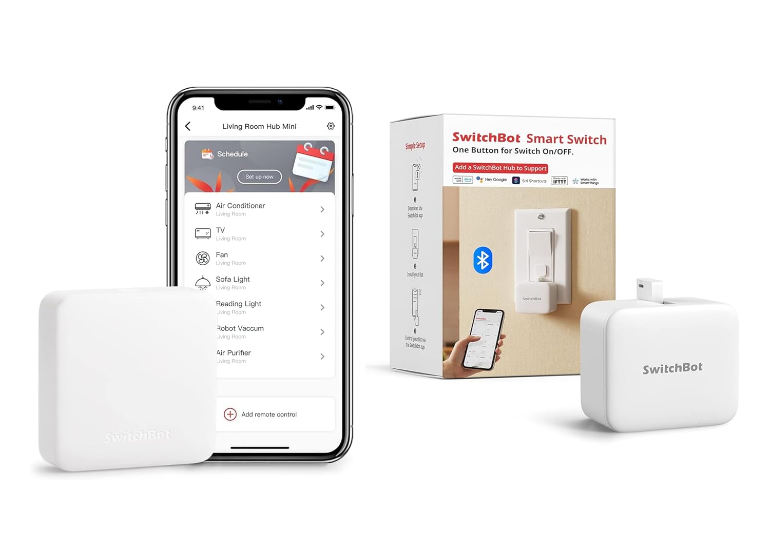 SwitchBot Bot White & Hub Mini Kit: Automate IR Devices & Physical Switches with Alexa/Google Voice Control, App Scenes & Timers.