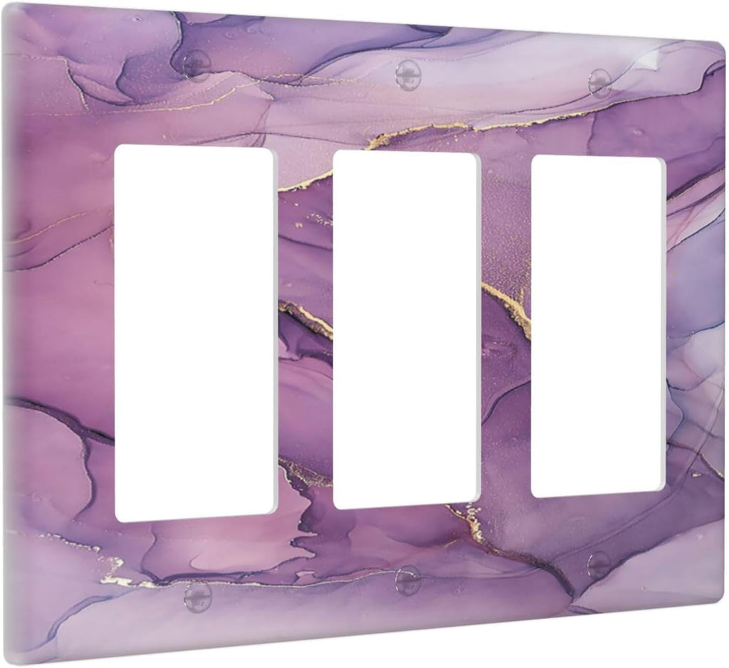 Light Switch Covers Purple Marbling Golden Line 3 Gang Rocker Electrical GFCI Decorative Triple Outlet Wall Plate Cover Switchplate for living Room Bathroom Decor