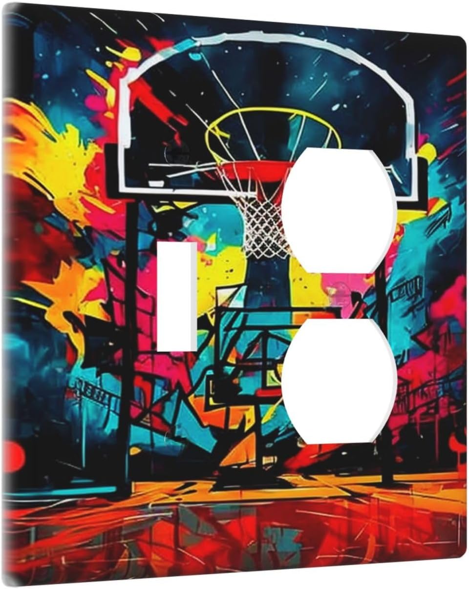 Decorative Outlet Covers Scrawl Colorful Basketball Graffiti Hoop 2 Gang Wall Plate Cover Single Toggle Duplex Combo Two Switch Light Switch Cover Plate Jumbo Dual GFCI Faceplate