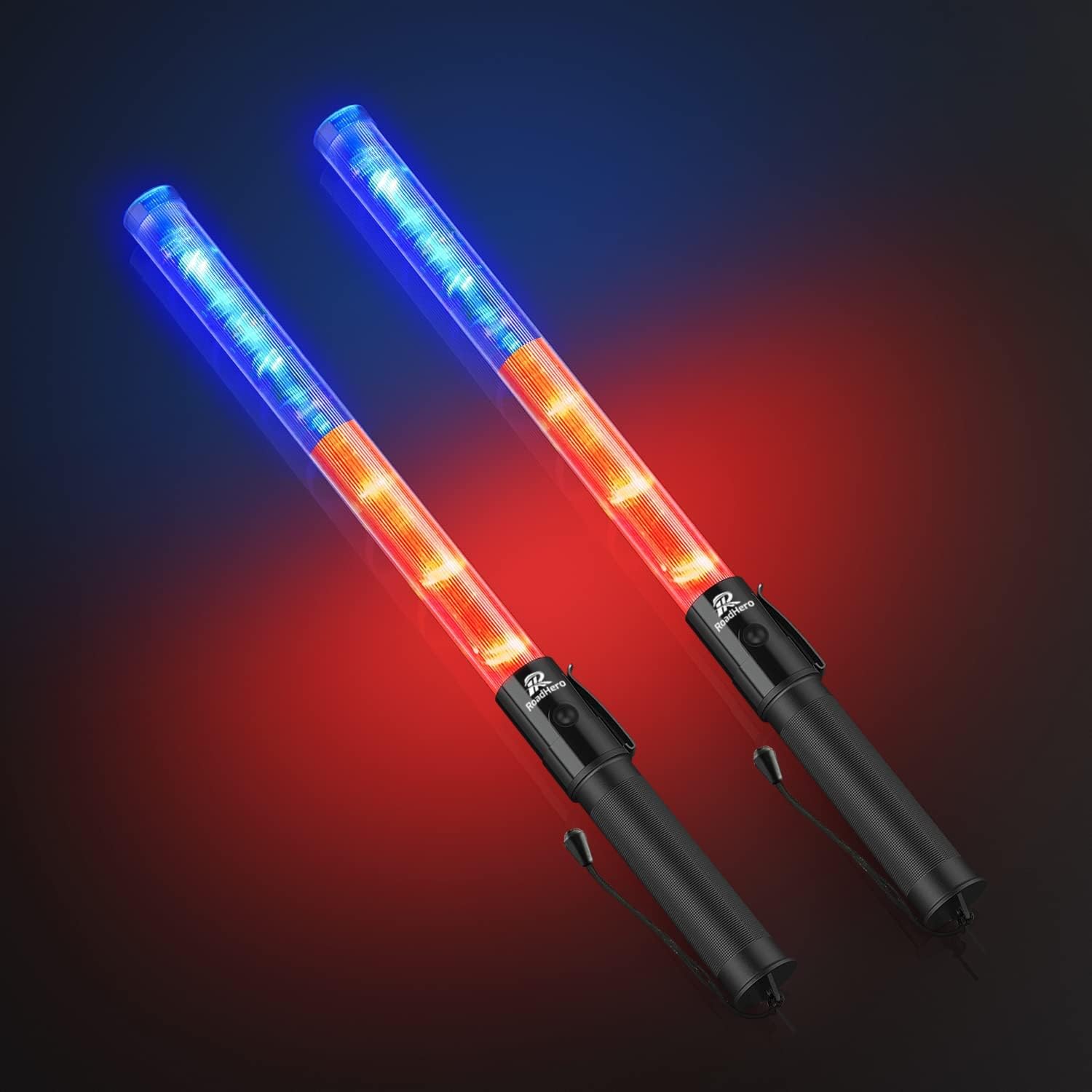 RoadHero 2 Pack 21 Inch Traffic Control Baton, Red and Blue LED Traffic Wand with 3 Flashing Modes, Air Marshaling Signal Wand with Side Clip for Airport, Parking, Car Directing