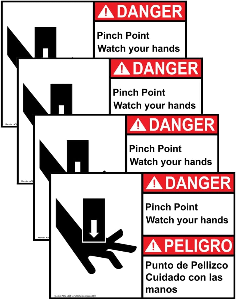 ComplianceSigns.com DANGER Pinch Point Watch Your Hands ANSI Bilingual Safety Label Decal, 5x3.5 inch 4-Pack Vinyl for Machinery, American Made Safety Signs for the Workplace
