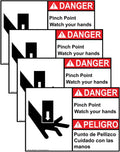 ComplianceSigns.com DANGER Pinch Point Watch Your Hands ANSI Bilingual Safety Label Decal, 5x3.5 inch 4-Pack Vinyl for Machinery, American Made Safety Signs for the Workplace
